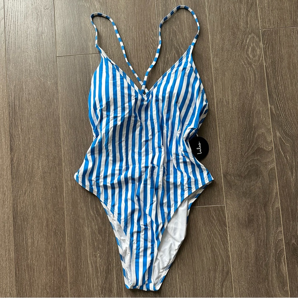 NWT Lulu's Cassielle Blue Striped Lace-Up One Piece Swimsuit - Picture 3 of 8